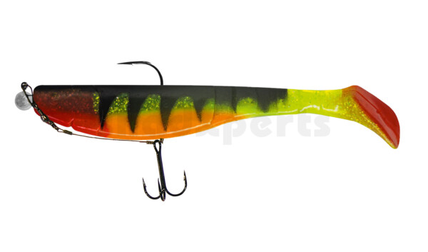 000220M066ZO-20 Kopyto Classic 8" (ca. 20,0 cm) grün(chartreuse)Glitter / Zander / Bauch: orange, montiert MUXRO 12/0 20g, mit Beihänger