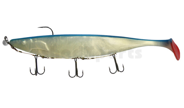 000430M028-25 Megalodon 12" (ca. 30,0 cm) goldperl / blau, montiert auf MUXRO 12/0 25g, mit Beihänger-System