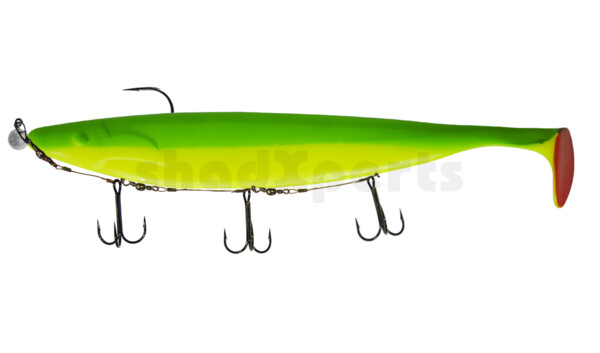 000430M058-25 Megalodon 12" (ca. 30,0 cm) fluogelb / grün, montiert auf MUXRO 12/0 25g, mit Beihänger-System