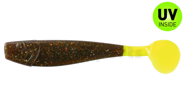 002011092FT King-Shad 4" (ca. 11,0 cm) motoroil-gold-glitter / fire tail