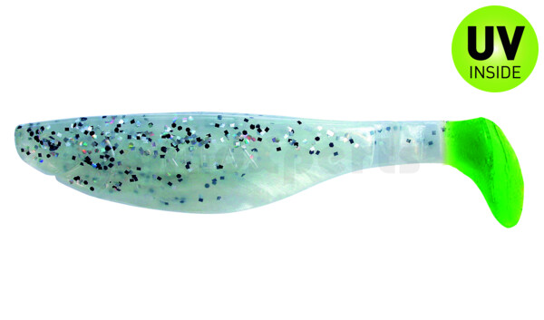 000212B004LT Kopyto-River 4" (ca. 11,0 cm) pearlwhite / clear salt´n pepper flake / lime tail