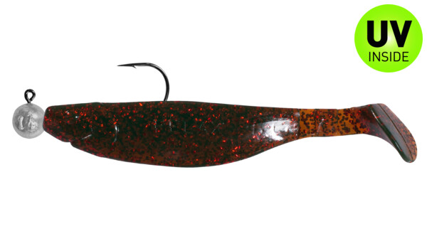 000214M298-14 Kopyto-River 5" (ca. 14,0 cm) motoroil-red-glitter, mounted on MUXRO 8/0 15g