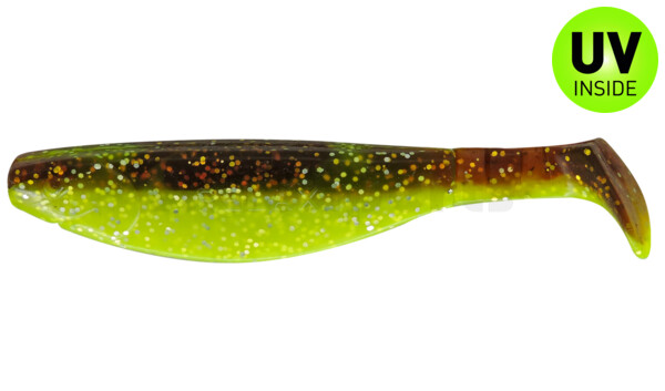 000214B054 Kopyto-River 5" (ca. 13,0 cm) grün (chartreuse)-Glitter / motoroil Glitter