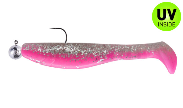 000211MB300-10 Kopyto-Classic 4" (ca. 11,0 cm) bubblegum / clear silver glitter, mounted on SXRO 6/0 10g