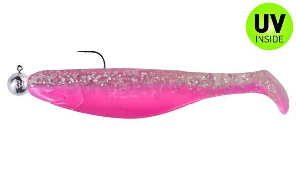 000212MB300-10 Kopyto-River 4" (ca. 12,0 cm) bubblegum / klar silber Glitter, montiert auf SXRO 6/0 10g