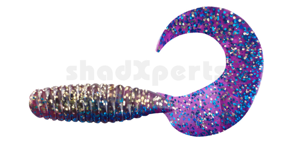 000513B313 Xtra Fat Grub 5,5" laminiert (ca. 13,0 cm) klar gold glitter  / violett-electric blue glitter