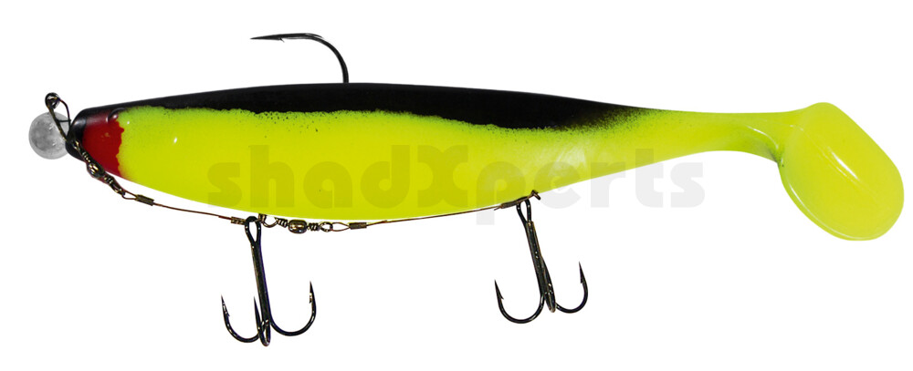 000423M056-25 Xtra-Soft 9" (ca. 23,0 cm) fluogelb / schwarz, montiert auf MUXRO 12/0 25g, mit Beihänger-System
