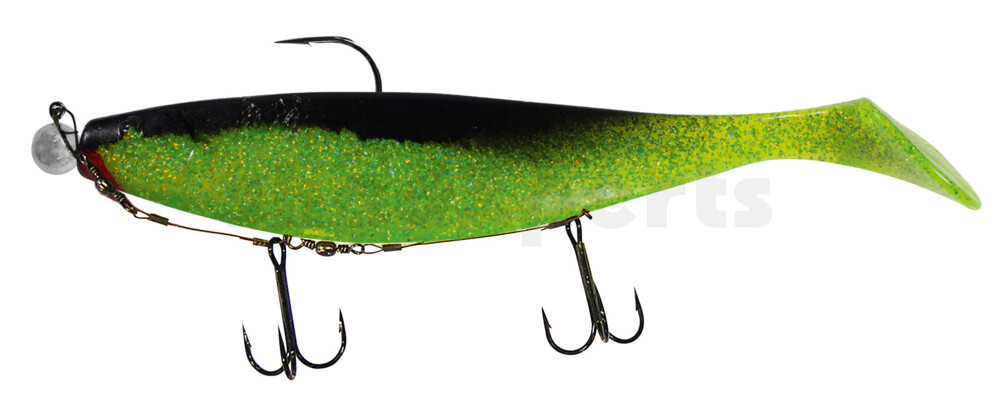 000423M067-25 Xtra-Soft 9" (ca. 23,0 cm) grün (chartreuse) glitter / schwarz, montiert auf MUXRO 12/0 25g, mit Beihänger-System