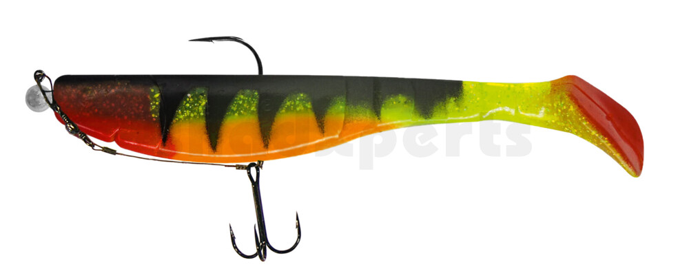 000220M066ZO-15 Kopyto Classic 8" (ca. 20,0 cm) grün(chartreuse)Glitter / Zander / Bauch: orange, montiert MUXRO 12/0 15g, mit Beihänger