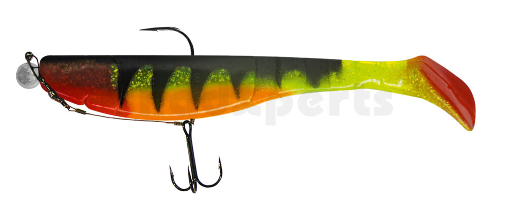 000220M066ZO-25 Kopyto Classic 8" (ca. 20,0 cm) grün(chartreuse)Glitter / Zander / Bauch: orange, montiert MUXRO 12/0 25g, mit Beihänger