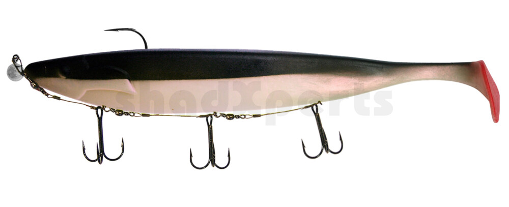 000430M014-25 Megalodon 12" (ca. 30,0 cm) perl / schwarz, montiert auf MUXRO 12/0 25g, mit Beihänger-System