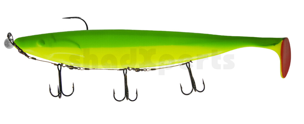 000430M058-25 Megalodon 12" (ca. 30,0 cm) fluogelb / grün, montiert auf MUXRO 12/0 25g, mit Beihänger-System