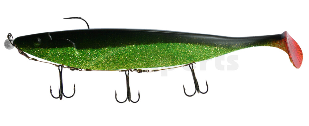 000430M067-25 Megalodon 12" (ca. 30,0 cm) grün(chartreuse)-Glitter / schwarz, montiert auf MUXRO 12/0 25g, mit Beihänger-System
