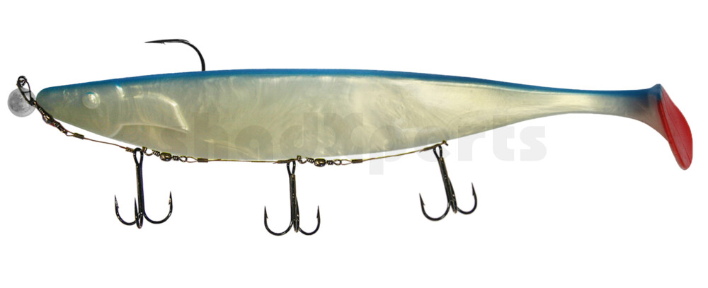 000430M028-35 Megalodon 12" (ca. 30,0 cm) goldperl / blau, montiert auf MUXRO 12/0 35g, mit Beihänger-System