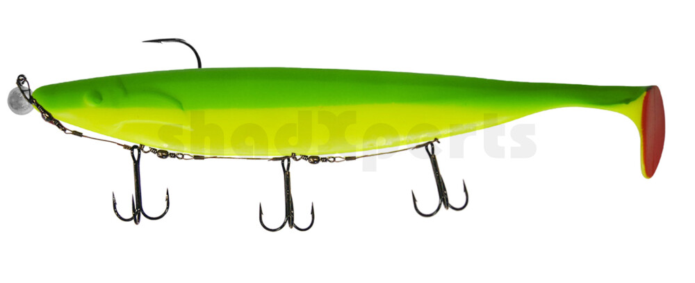 000430M058-35 Megalodon 12" (ca. 30,0 cm) fluogelb / grün, montiert auf MUXRO 12/0 35g, mit Beihänger-System