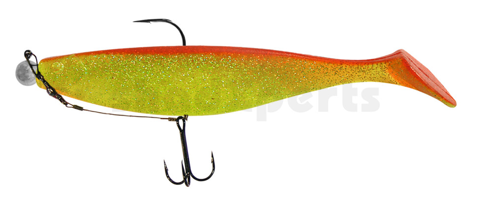 000418M068-25 Xtra-Soft 7" (ca. 18,0 cm) grün(chartreuse)-Glitter / rot, montiert auf MUXRO 10/0 25g