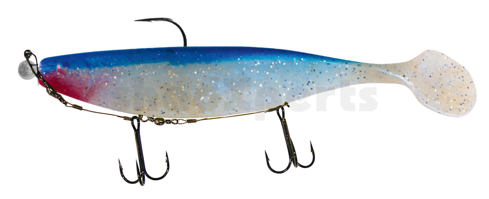 000423M047-15 Xtra-Soft 9" (ca. 23,0 cm) blauperl-Glitter / blau, montiert auf MUXRO 12/0 20g, mit Beihänger-System