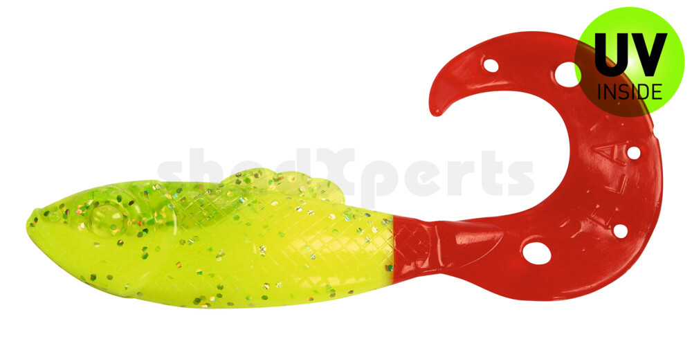 001212B034RT Killer Grub 4" (ca. 12,0 cm) fluogelb  / fluogrün-Glitter / red tail