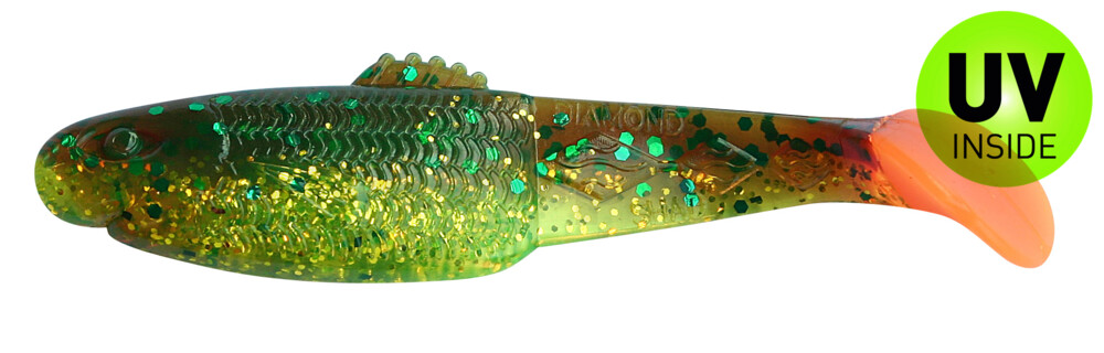 001413B054OT Diamond Shad 5" (ca. 13,5 cm) grün (chartreuse)-Glitter / motoroil Glitter / orange tail
