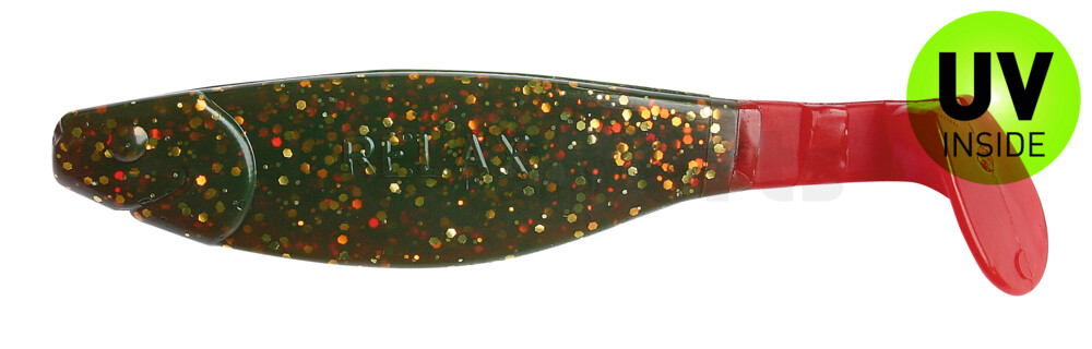 000212092RT Kopyto-River 4" (ca. 11,0 cm) motoroil-gold-glitter / red tail