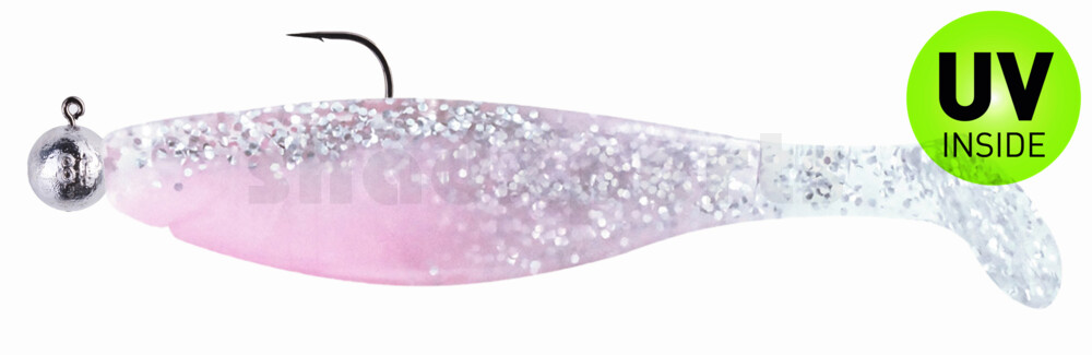 000212MB300-10 Kopyto-River 4" (ca. 12,0 cm) bubblegum / klar silber Glitter, montiert auf SXRO 6/0 10g