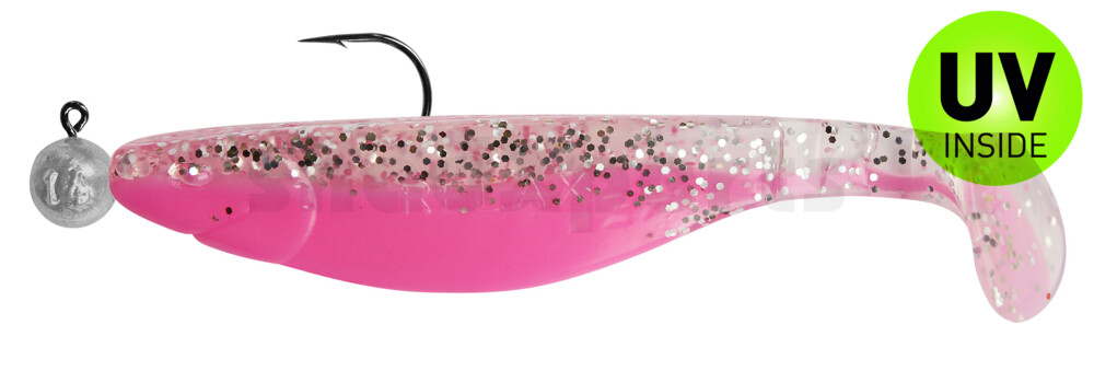 000214MB300-14 Kopyto-River 5" (ca. 14,0 cm) bubblegum / klar silber Glitter, montiert auf MUXRO 8/0 15g