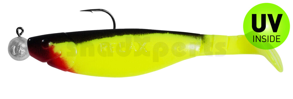 000214M056-14 Kopyto-River 5" (ca. 14,0 cm) fluogelb / schwarz, montiert auf MUXRO 8/0 15g