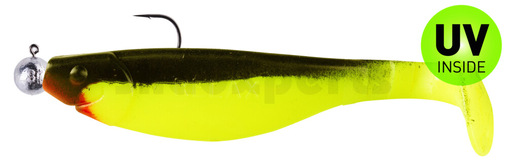 000212M056-10 Kopyto-River 4" (ca. 12,0 cm) fluogelb / schwarz, montiert auf SXRO 6/0 10g