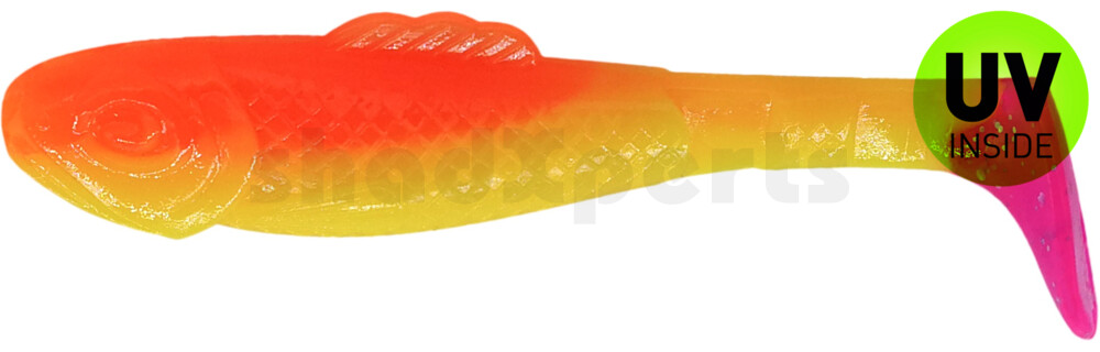 003308B033PT Super Shad 3" (ca. 8 cm) fluogelb  / orange-silber Glitter / Pink Tail