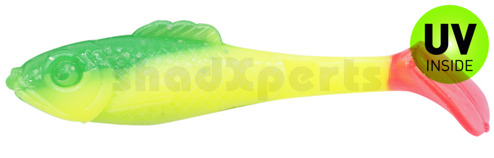 003308B002RT Super Shad 3" (ca. 8 cm) fluogelb  / grün-Glitter / Red Tail