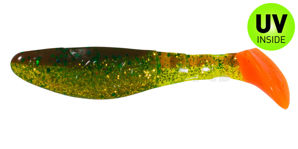 000208B054RT Kopyto-Classic 3" (ca. 8,0 cm) grün (chartreuse)-Glitter / motoroil Glitter / red tail