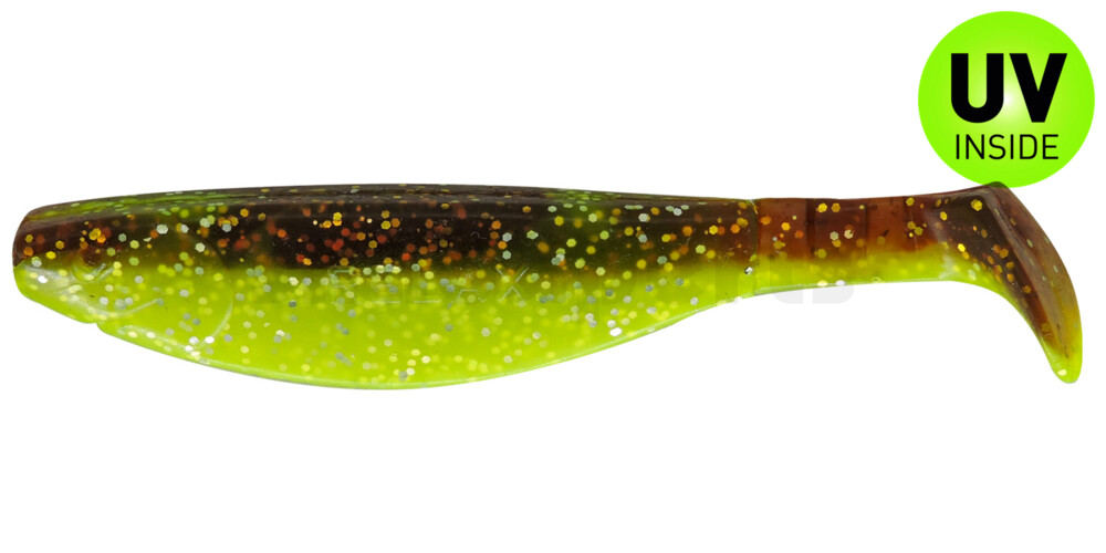 000214B054 Kopyto-River 5" (ca. 13,0 cm) grün (chartreuse)-Glitter / motoroil Glitter