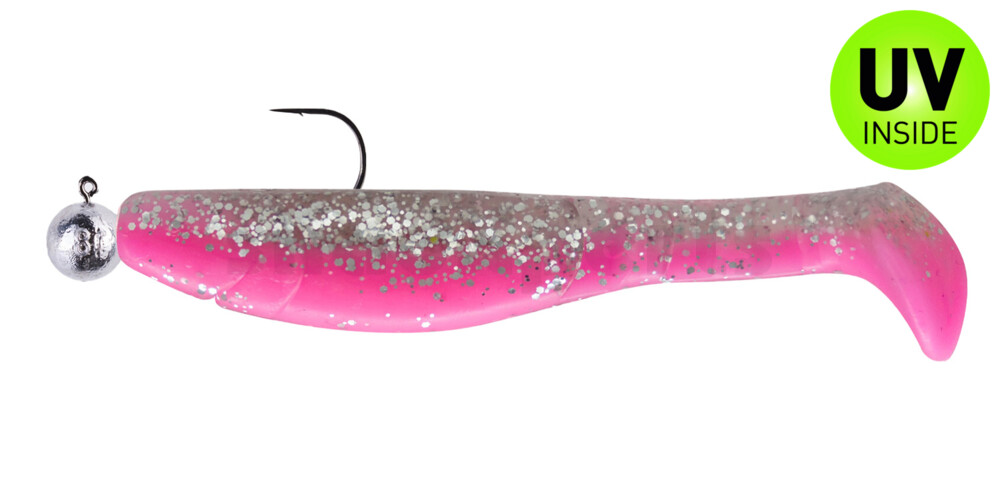 000211MB300-10 Kopyto-Classic 4" (ca. 11,0 cm) bubblegum / klar silber Glitter, montiert auf SXRO 6/0 10g