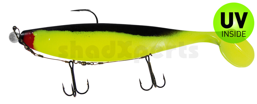 000423M056-20 Xtra-Soft 9" (ca. 23,0 cm) fluogelb / schwarz, montiert auf MUXRO 12/0 20g, mit Beihänger-System